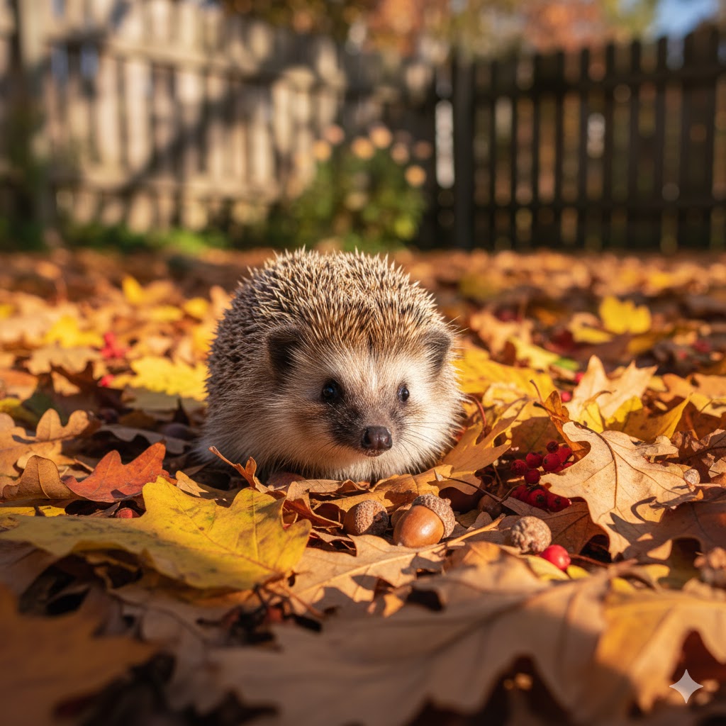 Igel sitzt im Garten mit herbstliche Stimmung. Blätter liegen am Boden.